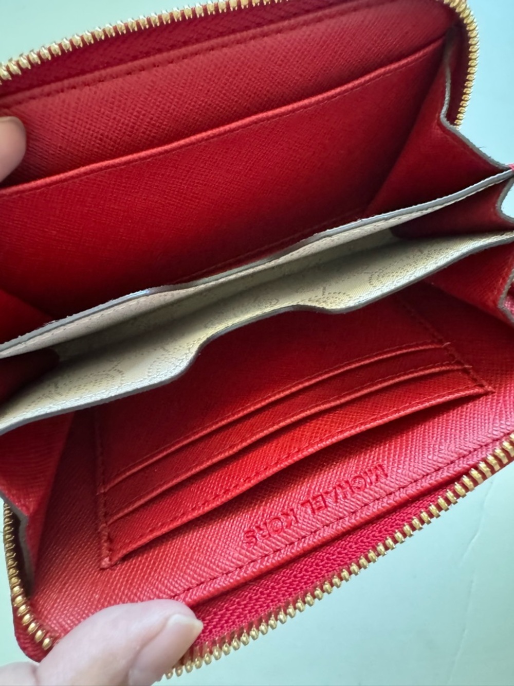 Michael Kors Red Ostrich Leather Small Wallet Wristlet Zip Around - Picture 7 of 8